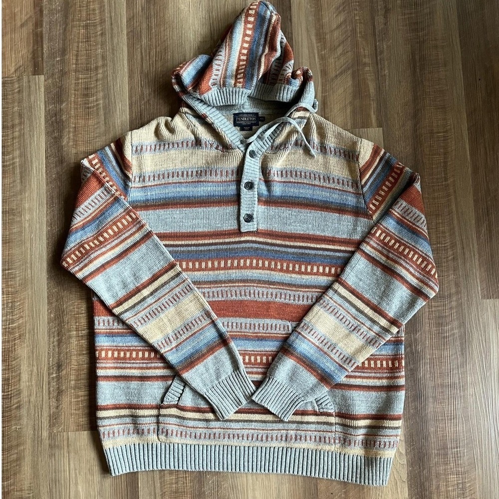 Pendleton Sweater Mens 2XL Gray Hooded Henley Aztec Stripe Cotton Knit Pullover